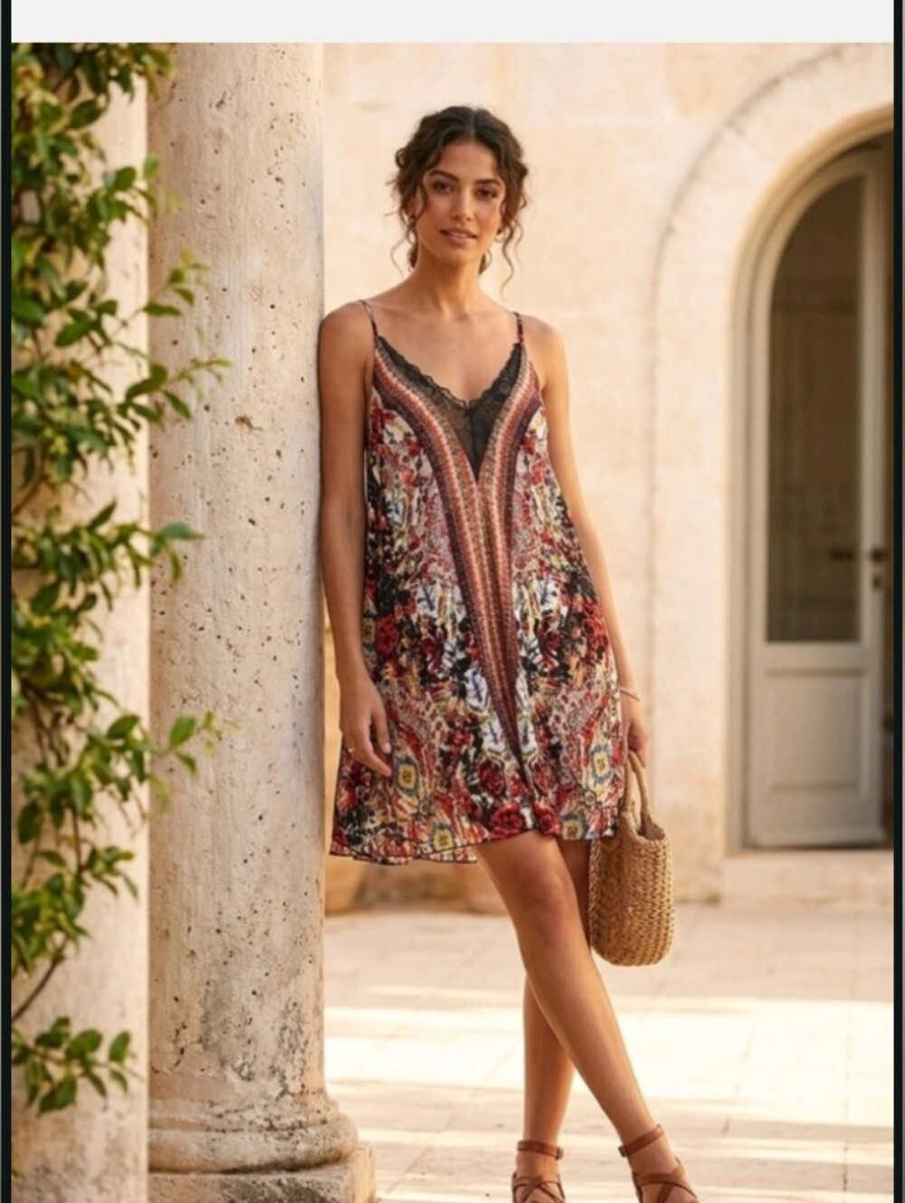 Free People Red Multi Floral Paisley Slip Dress with Black Lace Song Bird